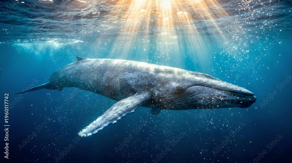 Fototapeta premium Majestic Humpback Whale Swimming Underwater with Cinematic Sunlight Beams
