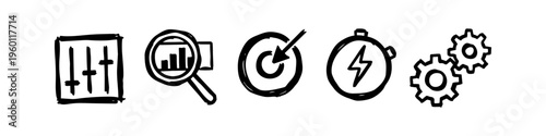 Hand-drawn business and productivity icons featuring settings sliders, data analysis, target goal, fast timer, and mechanical gears. Black ink doodle on white background.