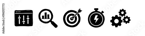 Hand-drawn business icon set featuring settings, data analysis, target goal, speed performance, and process gears. Minimalist black doodle style for marketing and SEO optimization concepts.