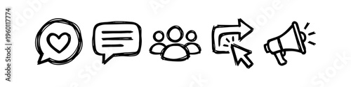 Set of black hand-drawn social media icons on a white background, including like, comment, community, share, and megaphone symbols in a sketch doodle style.