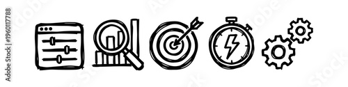 Hand-drawn business doodle icons set featuring data analysis, target goal, settings, speed timer, and gears. Creative vector sketch for productivity, marketing, and SEO optimization concepts.