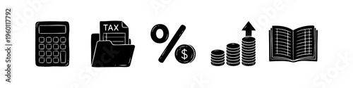 Set of hand-drawn black icons for finance and tax concepts including a calculator, tax folder, percentage, coin growth chart, and accounting ledger, isolated on a white background.