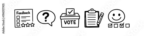 Hand-drawn doodle icons for feedback, voting, and surveys. Includes a ballot box, questionnaire, question mark, clipboard, and happy face rating system in a minimalist black and white style.