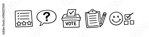 Hand-drawn doodle icons for survey, feedback, and voting. Vector set featuring ballot box, clipboard, rating stars, speech bubble, and customer satisfaction smiley face on white background.