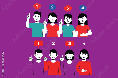 Illustration of people demonstrating hand gestures for numbers one to four