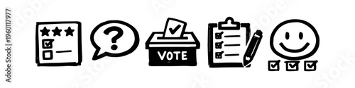 Set of hand-drawn survey and feedback icons including a ballot box, clipboard, rating stars, and a happy face. Ideal for customer satisfaction, polls, and election concepts.