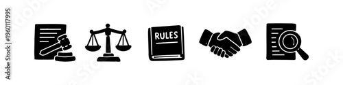 Set of hand-drawn law and justice icons featuring a gavel, scales, rules book, handshake, and investigation symbol. Ideal for legal, compliance, and corporate ethics concepts.