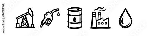 Hand-drawn doodle set of oil and gas industry icons, including a pumpjack, fuel nozzle, barrel, factory, and oil drop. Minimalist black line art for energy and petroleum industry concepts.