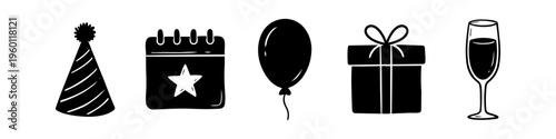 Hand-drawn party icons set in black silhouette style. Includes celebration elements like a party hat, calendar, balloon, gift box, and champagne flute for event invitations and designs.