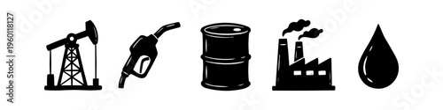 Set of hand-drawn oil and gas industry icons: pumpjack, fuel nozzle, barrel, factory, and oil drop. Black silhouettes for industrial energy sector concepts, isolated on white background.