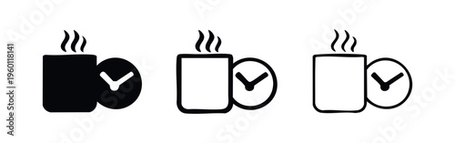 Coffee break time icon set. Mug with steam and clock symbol.
