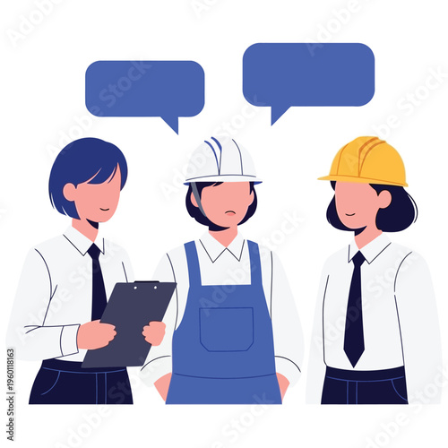 Three coworkers in discussion with speech bubbles