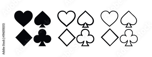 Playing Card Suits Icon Set. Heart, Spade, Diamond, Club Symbols in Black and Outline Styles
