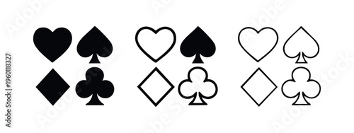Playing Card Suits Icon Set. Heart, Spade, Diamond, Club Symbols in Black and Outline Styles