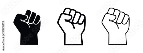 Clenched Fist Icon Set. Power, Protest, Revolution, or Solidarity Symbol in Black and Outline Styles