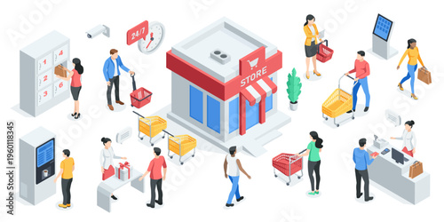 Isometric vector people with baskets and shopping carts near a store, in color on a white background, buyers and sellers or going shopping