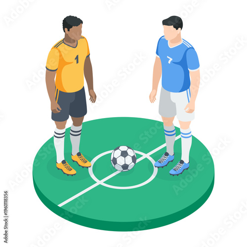 Isometric vector soccer players in the center of a football field next to a ball, in color on a white background, soccer match or confrontation between two teams