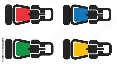 Four seatbelt buckles illustrated in red, blue, green, and yellow, minimal line art vector collection for car safety icons