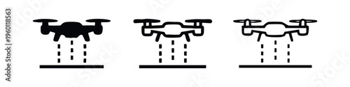 Drone taking off or landing icon set, UAV flight symbol vector, Quadcopter drone movement illustration