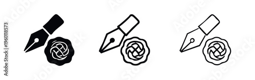 Fountain pen and wax seal icon set, Official document signing symbol vector, Legal agreement illustration