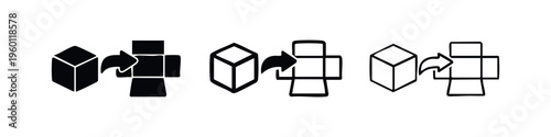 Box unboxing or return process icons, Product package delivery symbol set, Logistics and e-commerce illustration