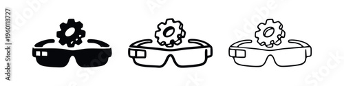 Smart glasses settings and configuration icons set. Augmented reality eyewear with cogwheel symbol. Metaverse technology sign in glyph, outline and line style.