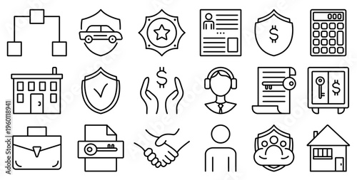 Insurance and finance black line icon set. Monochrome outline fintech pictogram collection, editable stroke isolated banking and loan signs