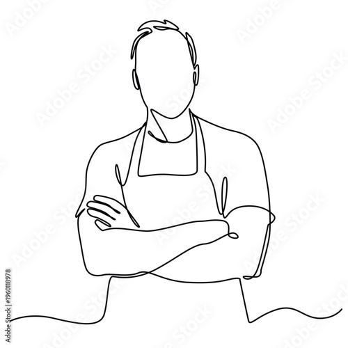 Fit man in apron one continuous line art. Fit man in apron single line illustration. Fit man in apron minimalist line art