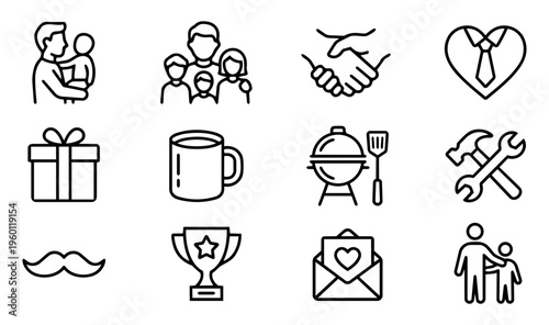 Father’s Day Line Icons Set – Family, Love and Dad Appreciation Outline Symbols