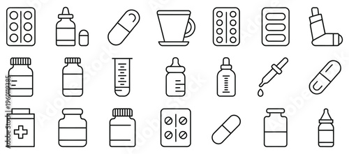 Modern line art of medicine and healthcare essentials for pharmacy visuals, treatments, and wellness promotions with a clean, professional look, vector illustration for medical, pharmaceutical, and he