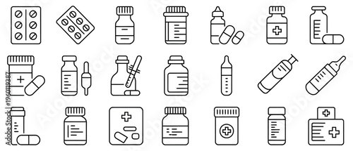 Modern line art of medicine and healthcare essentials for pharmacy visuals, treatments, and wellness promotions with a clean