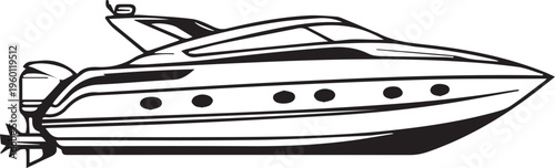 Black and white speedboat outline icon isolated on white background