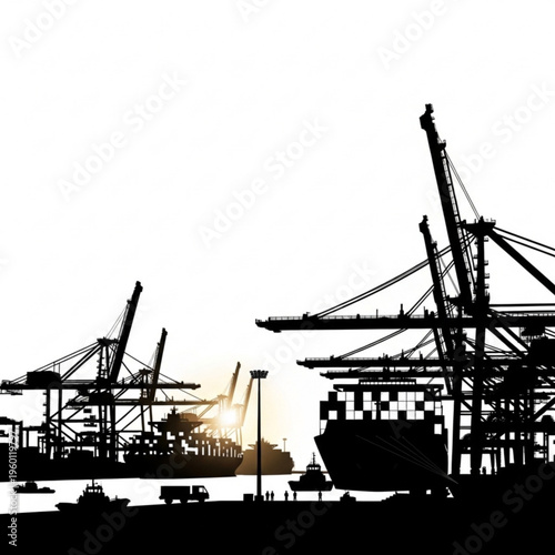 Black silhouette illustration of industrial harbor with cranes and cargo ships at sunset