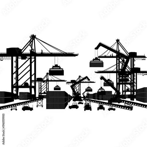 Industrial black silhouette illustration of cranes and construction vehicles at a port or shipping yard