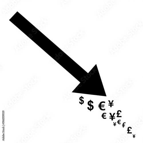 Black silhouette illustration of a downward arrow with various currency symbols falling