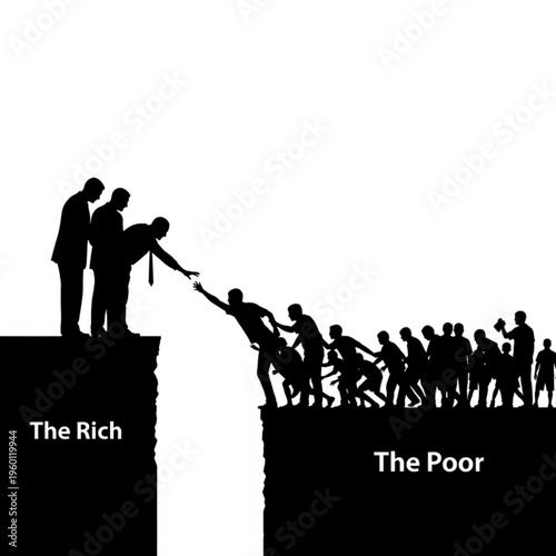 Social inequality concept with rich helping poor, silhouette illustration of people on cliffs.