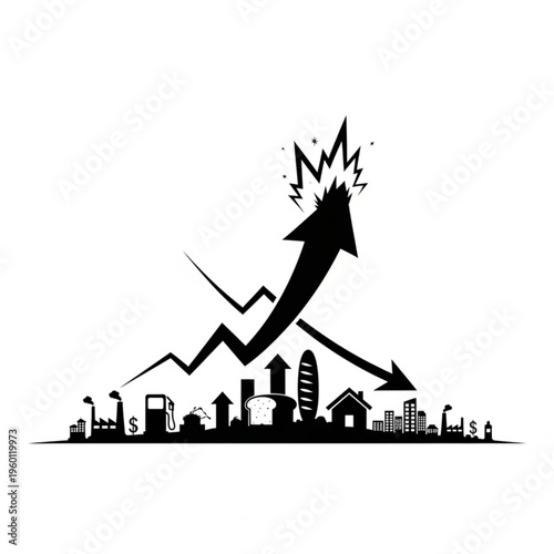 Black silhouette illustration of cityscape with rising arrow graph and explosive growth concept