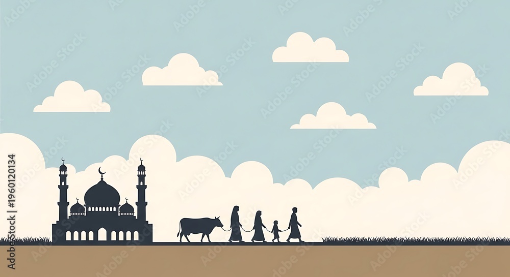 Obraz premium Islamic architecture, mosque silhouette, desert landscape, blue cloudy sky