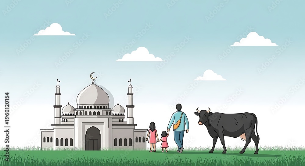 Obraz premium Mosque, family, and cow, illustration of a serene scene, white building with dome, green grass
