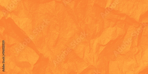 Vibrant orange crumpled paper texture background with realistic creases and shadows for creative design work