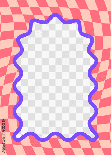 Wavy edge frame on distorted checkerboard background. Modern dopamine design. Photoframe, poster, text box, vector design with transparent area.