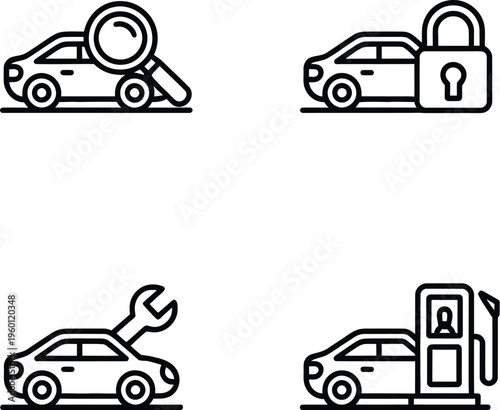 Icons depict car maintenance, security, repair, and refueling services.