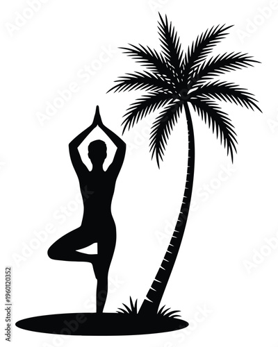 Silhouette of a person in yoga tree pose next to a tall palm tree on a small patch of grass yoga t shirt