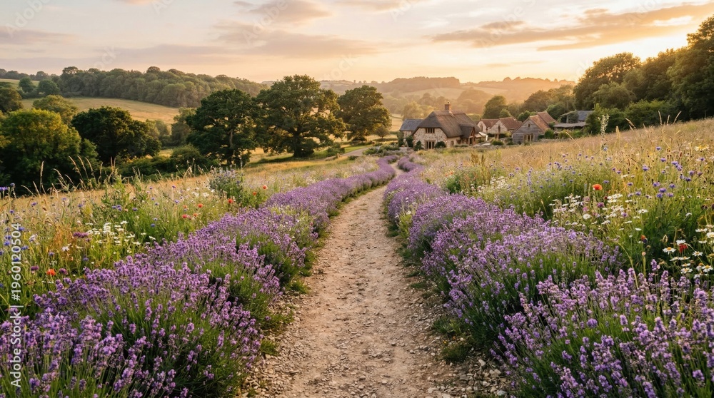 Fototapeta premium A picturesque path of lavender leading towards a charming village. The scene exudes tranquility and natural beauty. The lavender is in full bloom.
