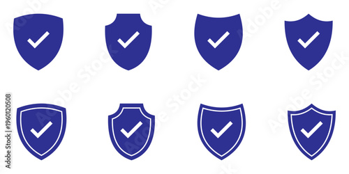 Shield check mark icon set security protection verification safety approval. Shield  tick icon set, shield verified icon , insurance and protection concept.
