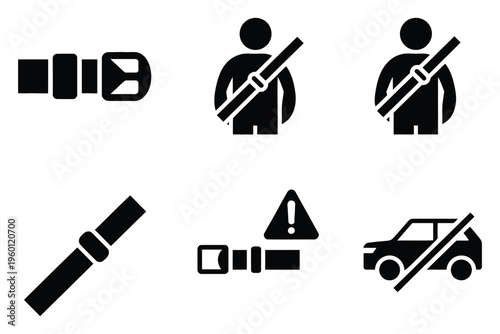 Seat belt safety icons set, featuring symbols for vehicle and passenger protection, minimal line art vector collection for instructional graphics