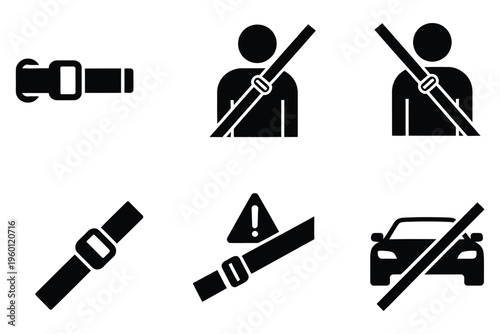 Seat belt safety icons set, featuring symbols for vehicle and passenger protection, vector illustration for road safety, automotive design