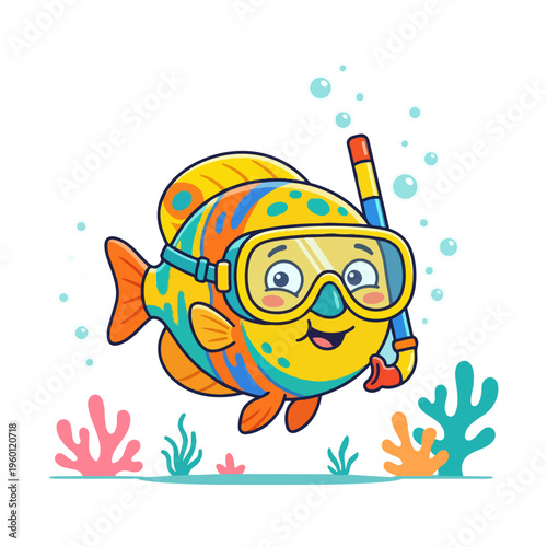 Vibrant cartoon fish character playfully exploring the colorful coral reef with snorkel gear, a delightful illustration depicting underwater adventure and marine life fun