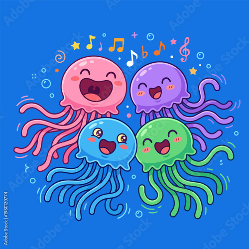 Cute cartoon jellyfish singing happily together, vibrant colors, delightful underwater scene