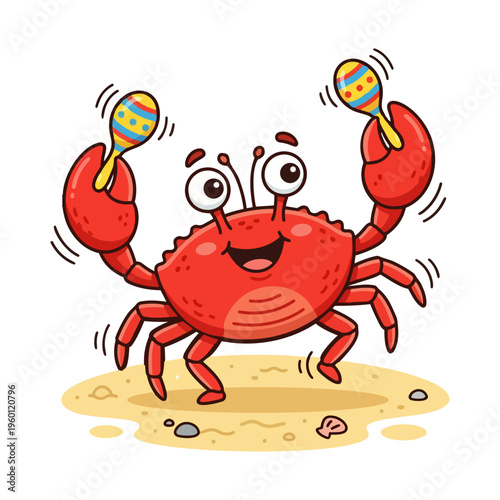 A cheerful cartoon crab with big eyes and bright red claws is dancing happily on the sand with maracas
